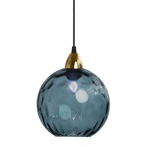 20cm/7.9'' Lampe à Suspension Sphérique Industrielle en Verre, Lampe de Plafond Suspendue E27, Finition Dorée et Abat-Jour en Verre Ondulé, Plafonnier Pour Salle à Manger (Bleu foncé, 20cm) (1/5)