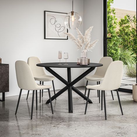 Malvern Round Dining Table And Chairs - Black Table Top w Solid Oak Black Legs + Maya Boucle Dining Chair Set Of 4 (Ivory White) (1/5)