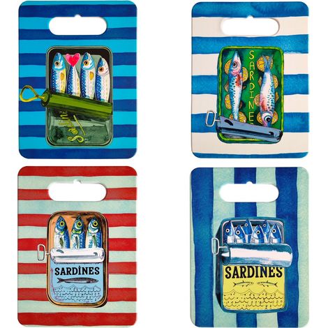 Set de 4 tablas de cortar de cerámica con latas de sardinas 24 cm (1/5)