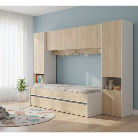 Composizione Camera da Letto - Ruote Unidirezionali Dimensione Materasso 190x100 cm, Bianco, -, 303x97x203h cm