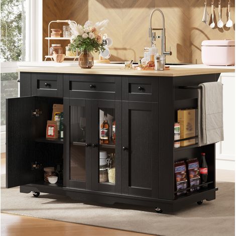 Isla de cocina 151,5x60x91,7 cm MDF y metal negro, almacenaje para cocina – MEUBLIV (1/5)
