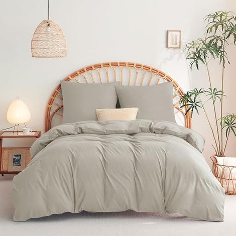 Housse de Couette 220x240 cm avec 2 Taies d'oreiller 65x65 cm Parure de Lit 2 Personnes pour lit 180x200 Fermeture Éclair Sets Couette Microfibre Beige 220 x 240 240x220 (1/5)