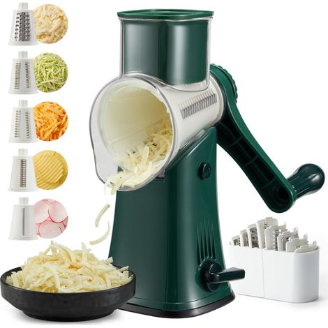 Râpe à fromage rotative 5 en 1 à manivelle, 5 lames interchangeables, base à ventouse renforcée, facile à nettoyer, pour fruits, légumes, noix et herbes aromatiques. (1/5)
