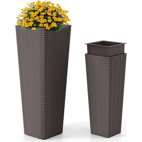 COSTWAY 2 Vasi Alti per Piante da Interno ed Esterno, Grandi Fioriere in Rattan con Vassoi Interni Rimovibili, Fori di Drenaggio, Fioriere Decorative per Giardino, Cortile e Balcone (Marrone) (1/5)