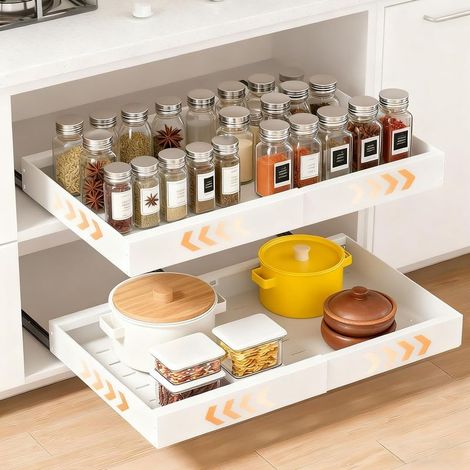 Tiroir Telescopique Cuisine, Lot de 2 Organisateurs De Placard Extensibles avec Adhésif, Tiroirs Coulissants Rangement Cuisine, Largeur Réglable de 32 à 53 cm, Tiroir Coulissant Placard, Blanc (1/5)