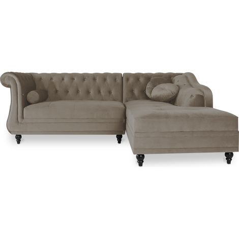 Canapé d'angle droit Empire Velours Taupe style Chesterfield (1/3)