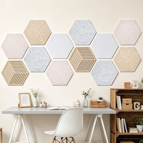 Tableau Hexagonal en Liège, 12 Pièces Tableau d'Affichage en Feutre avec 50 Punaise, Panneau Liege Mural pour Bureau, Maison