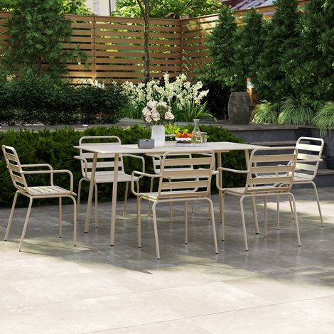 Set da pranzo da giardino composto da 7 pezzi, con 1 tavolo e 6 sedie impilabili, in acciaio beige.