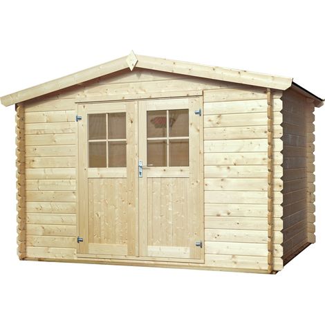 Abri de jardin bois 9 m² – Structure en madriers emboités 28 mm – Double porte demi-vitrée – Toiture voliges 18 mm bitumée – Eden Partenaire Jardin (1/4)