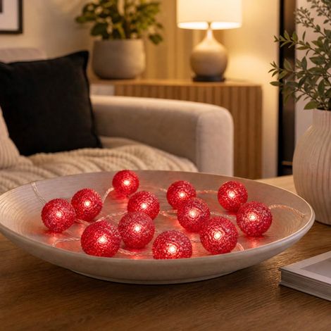 Guirlande lumineuse, 20 LED rouges, boules métalliques rouges (1/5)