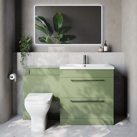 Napoli 460 Cento Olive Green 1400mm 2 Drawer Vanity Unit Toilet Suite with Glide Basin - 1400mm - Gunmetal Grey 480mm HandleWith Kingston Toilet Pan and Seat