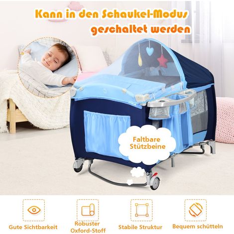 Cuna y parque infantil plegable 4 en 1 con dosel, azul