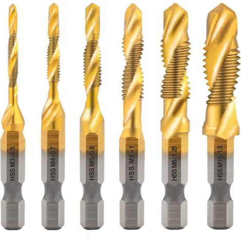 Lot de 6 tarauds coniques en acier rapide avec tige hexagonale et filetage métrique