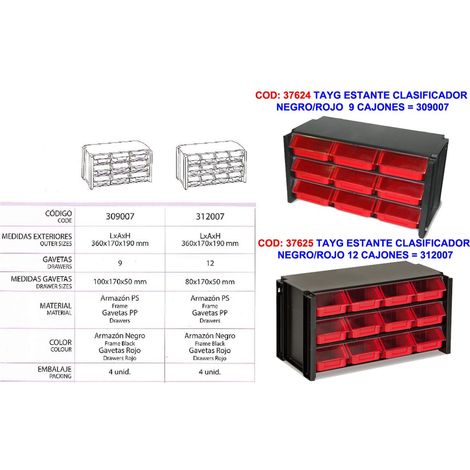 Schwarz/rotes Sortierregal mit 9 Schubladen TAYG 309007