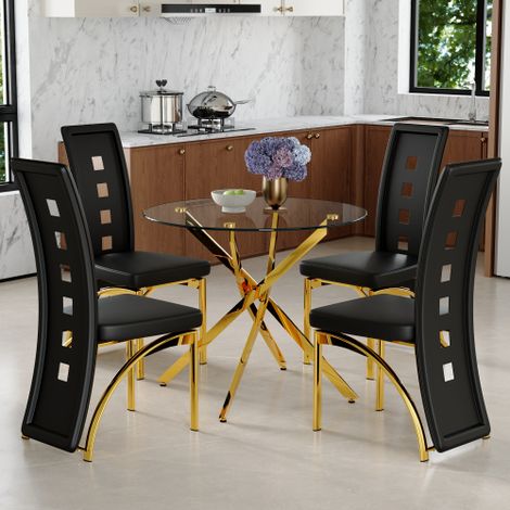 Ensemble table et chaises. Table de salle à manger de luxe de 88 cm en verre trempé + 4 chaises noires en similicuir à motif géométrique perforé. Ensemble moderne et minimaliste (1 table - 4 chaises). (1/5)