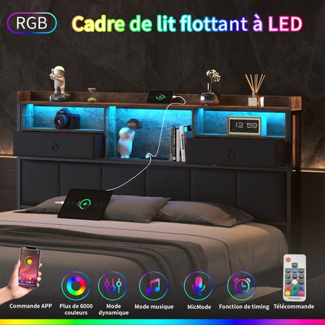 Dans Les Nuages – Lit double 140x200 cm avec 4 tiroirs – Tête de lit LED avec ports USB – Similicuir capitonné – Sommier à lattes en bois – Style industriel vintage