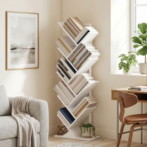 Bibliothèque arbre à 9 étages, étagère industrielle autoportante avec cadre en acier, meuble de rangement pour CD et DVD, blanc (1/5)