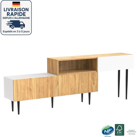 Soporte para TV de 130-220 cm - Longitud ajustable - Diseño modular de dos piezas - Exterior de madera + Patas de metal blanco mate y negro (1/5)
