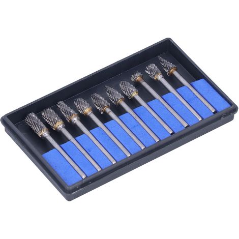 10-teiliges Set mit rotierenden Feilen aus Wolframkarbid, Schleifköpfen für die Holzbearbeitung, Doppelschnitt, Silber (blaue Box) (1/5)