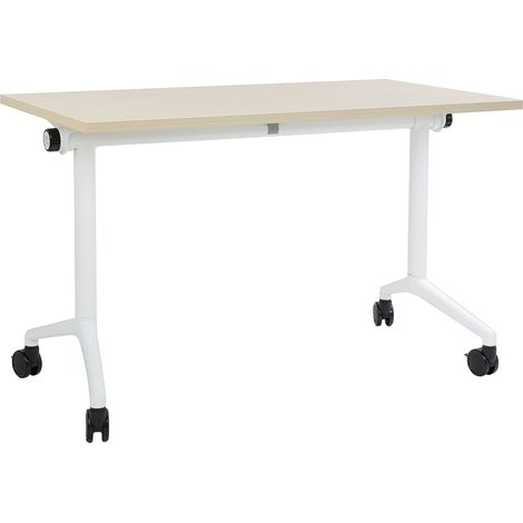 Bureau Pliable Moderne 120 x 60 cm Rectangulaire à Roulettes Mobile Cadre Métallique Bois Clair et Blanc Cavi