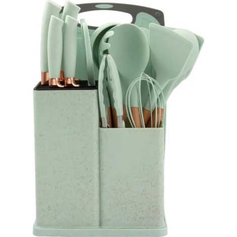 Ensemble d'ustensiles de cuisine en silicone, 19 pièces avec manches en bois, planche à découper, support de rangement, noir, rose, gris, vert menthe, outils de cuisine avec organiseur (vert clair) (1/2)
