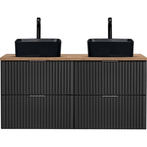 Doppelwaschtisch mit 2 schwarzen Aufsatzbecken, ADELAIDE-56-BLACK, matt schwarz mit Eiche Nb., Front gerillt, B/H/T ca. 120,6/73,2/46,5 cm (1/5)