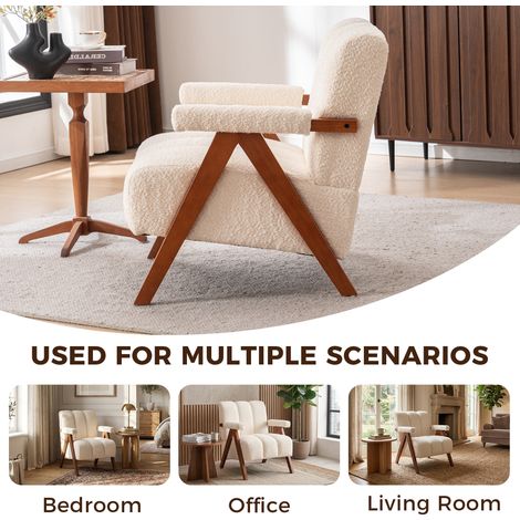 Fauteuil avec tissu bouclé beige et cadre en chêne massif pour salon et chambre (1/5)