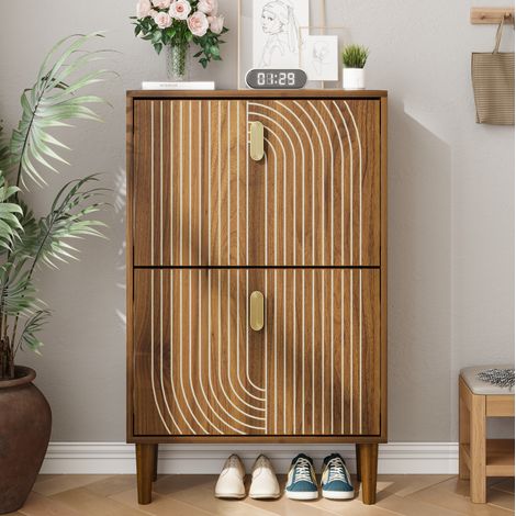 Meuble à chaussures 60 cm marron en MDF et panneaux de particules avec 2 portes abattantes et étagères réglables (1/5)