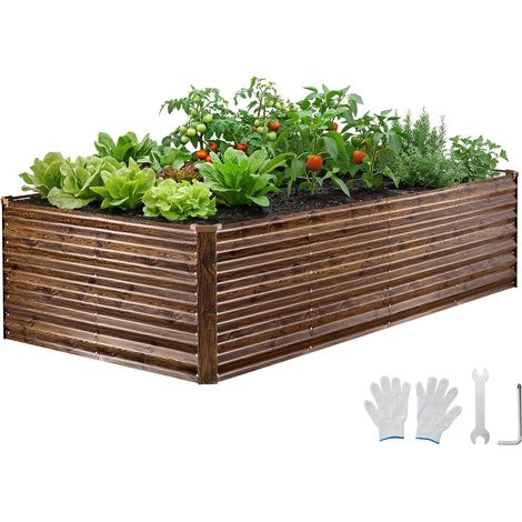 Potager Surélevé Métal 240x120x62 cm Carré Potager Surélevé Rectangulaire Lit de Jardin pour Culture Légumes Fleurs, Fond Ouvert, Galvanisé Aluminium-zinc, avec Gants, Aspect Grain Bois Foncé (1/5)
