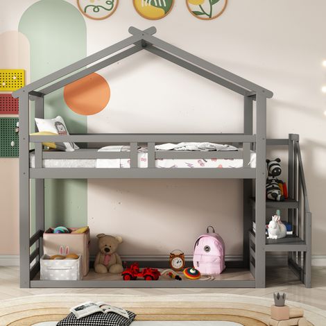 Lit superposé bas 90x200cm en bois massif gris, avec escalier sécurisé et sommier à lattes inclus, pour chambre d'enfant (1/5)