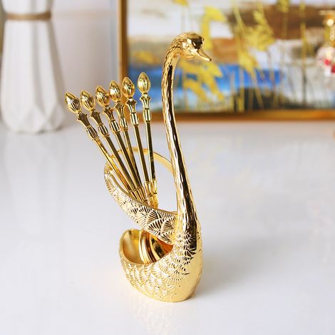 (Golden Spoon) Ensemble de fourchettes à fruits avec brochette en alliage de zinc et support à fruits (1/2)