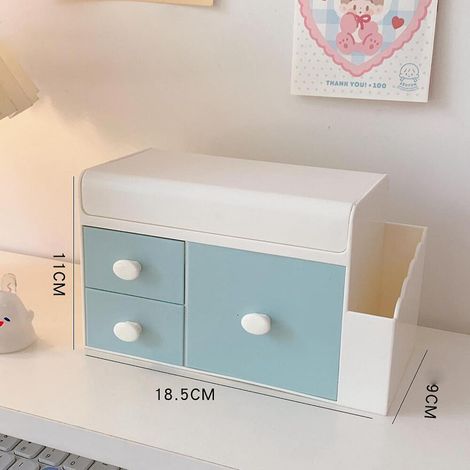 Caja de almacenamiento decorativa de escritorio color azul lago con cajones, perfecta para guardar productos para el cuidado de la piel y objetos pequeños. (1/3)