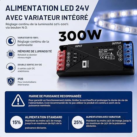 Alimentation LED 24V 300W, Transformateur Dimmable avec Bouton Poussoir (10-100%), Mémoire et Arrêt Progressif, 2 Sorties pour Ruban LED, Variateur Push Intégré (1/3)