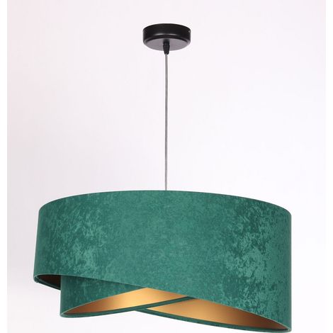 Lampe suspendue tissu E27 ronde D : 50 cm H : max 102 cm en noir vert bouteille or moderne (1/5)