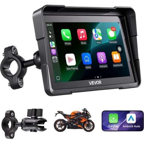 VEVOR CarPlay para Motocicleta 7 pulgadas, Sistema de Navegación GPS con Apple CarPlay y Android Auto, Pantalla Táctil, Bluetooth Dual, Siri y Google Assistant, Compatible con Todas las Motocicletas