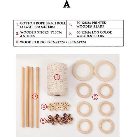 Kit de suspension murale en corde de coton naturel pour macramé, avec anneaux en bois et perles. Cordon artisanal pour la création de bijoux en macramé.