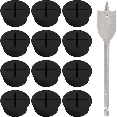 12 Pièces 25mm Oeillet de Bureau, Passe Câble en Silicone Flexible, Trou de Câble de Bureau, avec Perceuse, Pour les Meubles de Bureau, Table Bureau D'ordinateu, Noir (1/5)