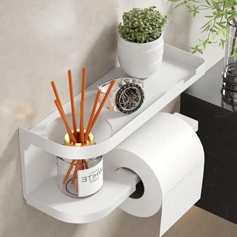 Modern Toilet Paper Holder with Storage Rack, Wall Mounted Bathroom Organizer, White Plastic (1/5)
