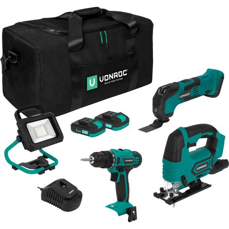 Vonroc – Pack d'outils électroportatifs 20V – Perceuse-visseuse, scie sauteuse, outil multifonction, lampe LED – 2 batteries 2.0Ah et chargeur rapide inclus