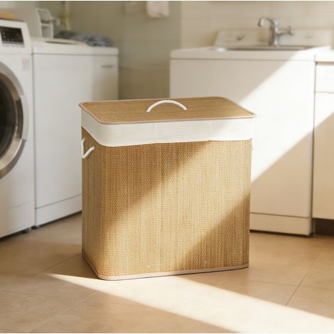 Cesto portabiancheria in bambù 3 scomparti 144 L con coperchio, sacco lavabile, marrone DESVIAE (1/5)