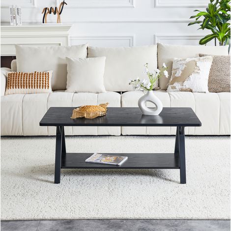 Mesa de centro industrial con estante, MDF negro veteado y metal, 110 x 57 x 44,5 cm (1/2)