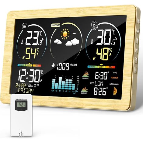 Station Météo avec Capteur Extérieur, Thermomètre Numérique Sans Fil à Affichage Couleur, Contrôle de la Température et de l'humidité, Prévisions Météo avec Rétroéclairage Réglable (1/5)