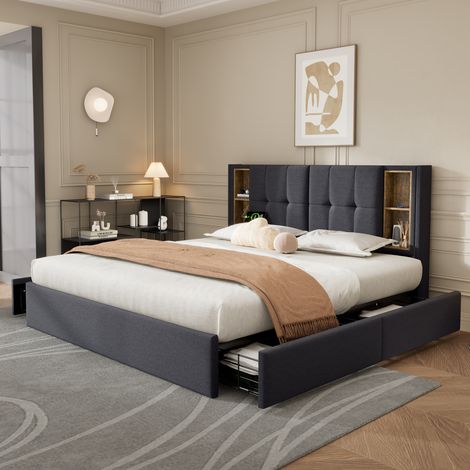 Lit coffre,lit double,lit adulte 160x200 avec recharge sans fil USB C et 4 tiroirs, sommier à lattes en bois - velours gris (1/5)