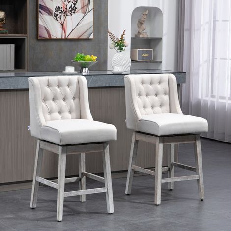 Juego de 2 Taburetes de Bar con Respaldo Taburetes Altos de Cocina Giratorios 180° Patas de Madera 46x57x101 cm Beige (1/5)