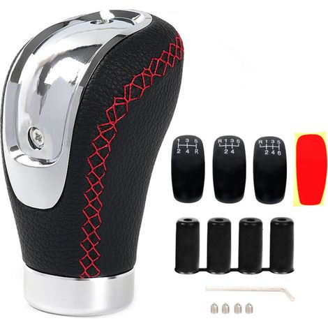 Pommeau de levier de vitesse universel en cuir avec 4 adaptateurs et 3 capuchons de rechange, pour voiture manuelle de 8 mm, 10 mm, 10 mm, 12 mm（Ligne rouge） (1/4)