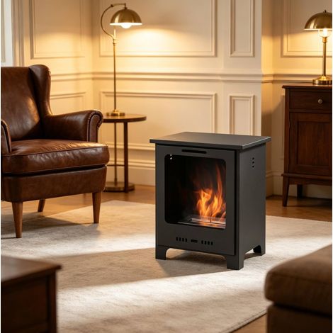 Cheminée bioéthanol sur pieds en métal noir, brûleur inox de 0,9 L, flammes sans fumée ni cendre, autonomie jusqu’à 3 heures, chauffage 20 à 25 m², pour intérieur – CHICFURN (1/5)