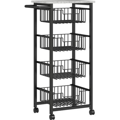 Carrito de cocina con 4 cestas de acero y bandeja MDF, gris claro (1/5)