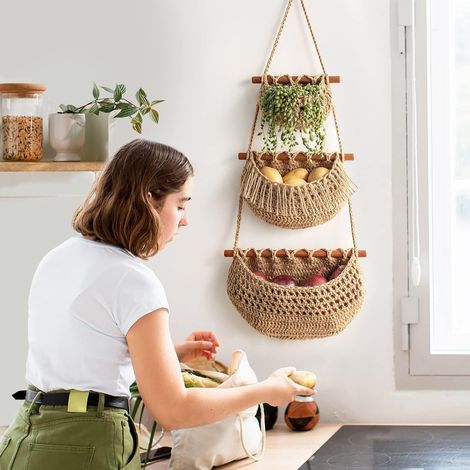 Panier à fruits suspendu, organisateur à 3 niveaux à suspendre à la porte, paniers muraux en jute tressé à la main pour l'organisation, décoration bohème, rangement pour la cuisine, le salon et la sal (1/4)