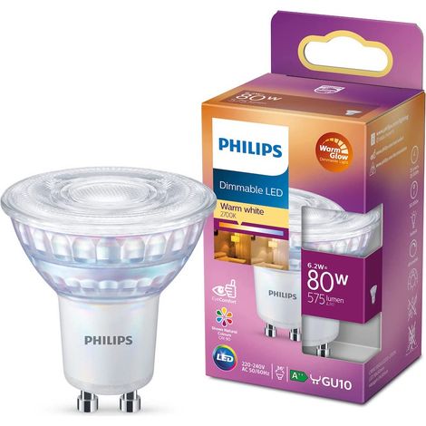 Philips – Ampoule LED GU10 80W dimmable – Blanc chaud 2700K – Verre – Flux lumineux 575 lm – Durée de vie 25000 h (1/9)