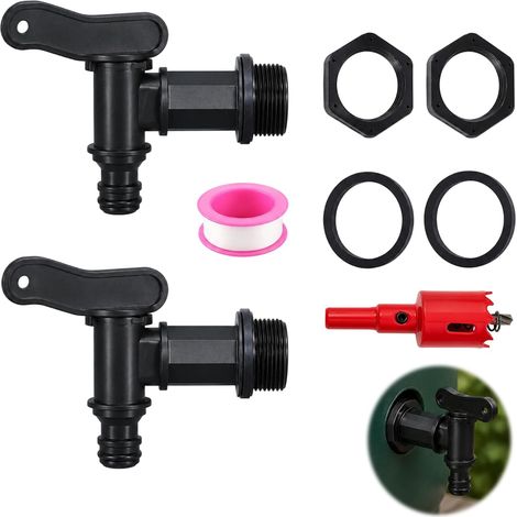 Robinet de chasse d'eau de pluie - Robinet pour citerne de pluie 3/4" avec joints et ouvre-trou - Kit de connexion en plastique pour citerne de pluie pour extraction de l'eau du fût de pluie (1/5)